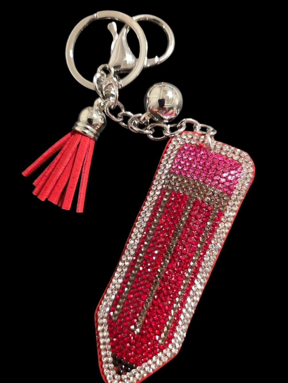 Crystal Embellished Pencil Keychain with Red and Silver Accents